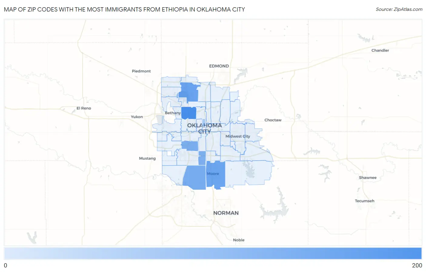 Zip Codes with the Most Immigrants from Ethiopia in Oklahoma City Map