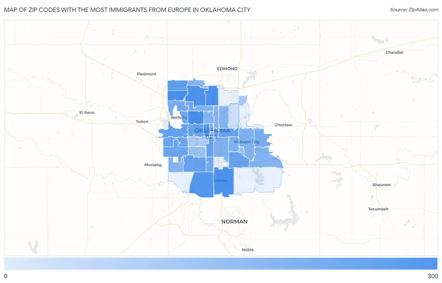 Zip Codes with the Most Immigrants from Europe in Oklahoma City Map