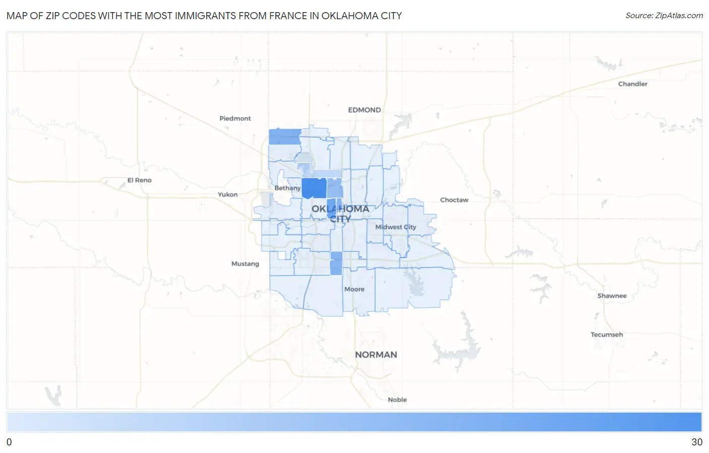 Zip Codes with the Most Immigrants from France in Oklahoma City Map