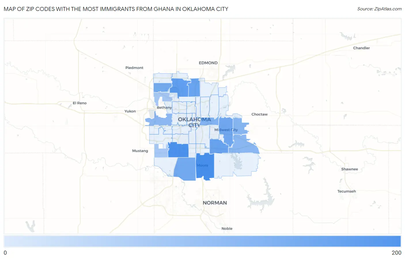 Zip Codes with the Most Immigrants from Ghana in Oklahoma City Map