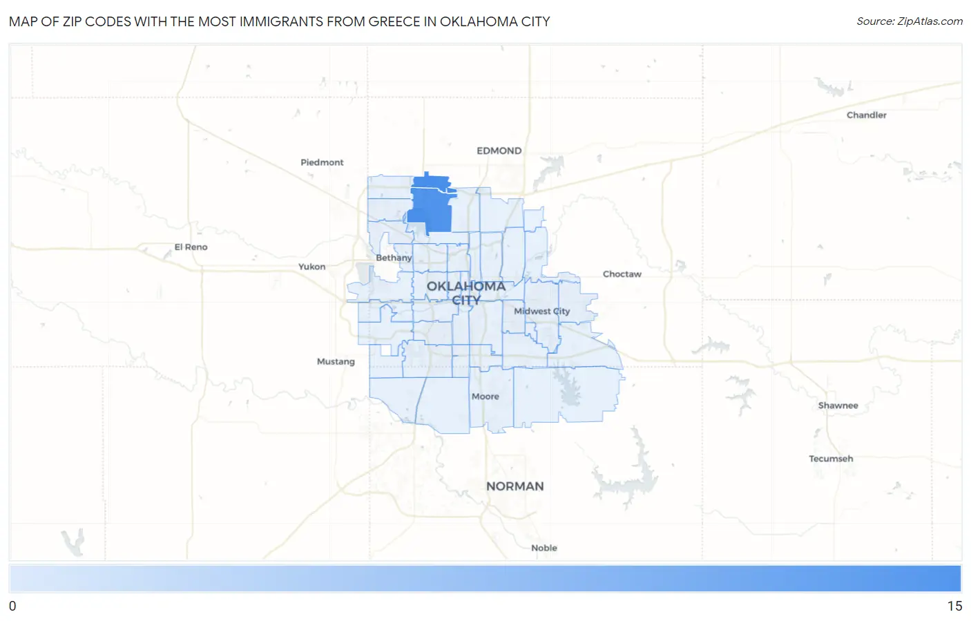 Zip Codes with the Most Immigrants from Greece in Oklahoma City Map