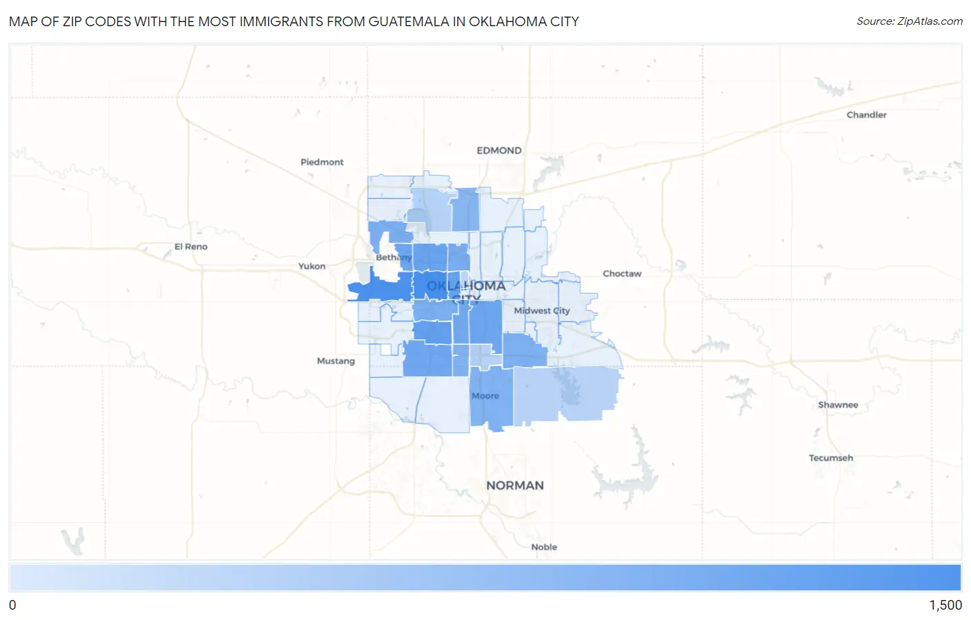 Zip Codes with the Most Immigrants from Guatemala in Oklahoma City Map