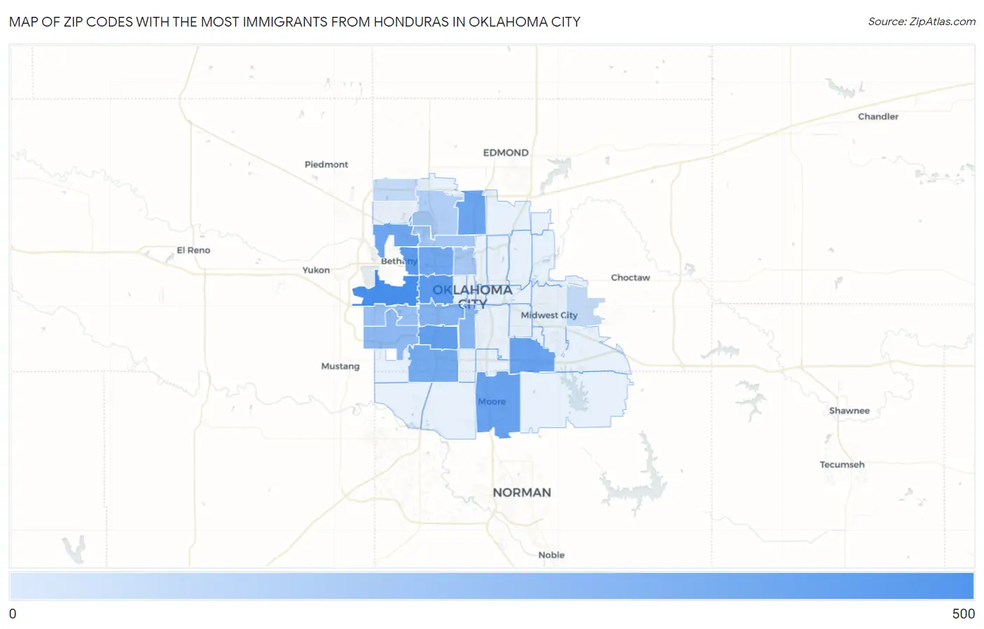Zip Codes with the Most Immigrants from Honduras in Oklahoma City Map
