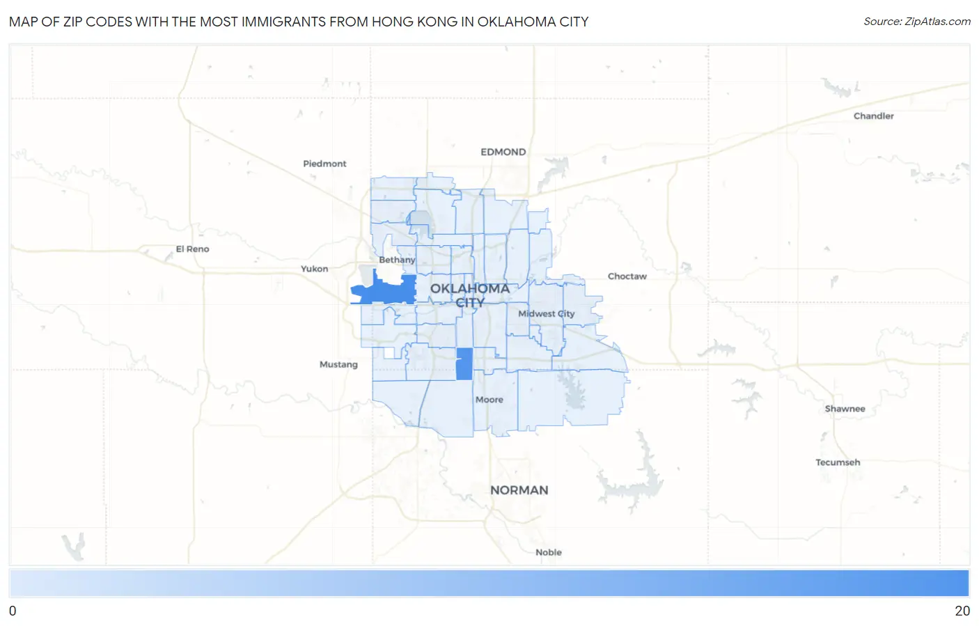 Zip Codes with the Most Immigrants from Hong Kong in Oklahoma City Map