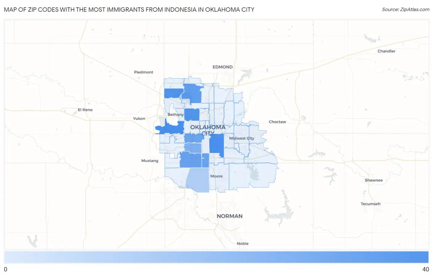 Zip Codes with the Most Immigrants from Indonesia in Oklahoma City Map