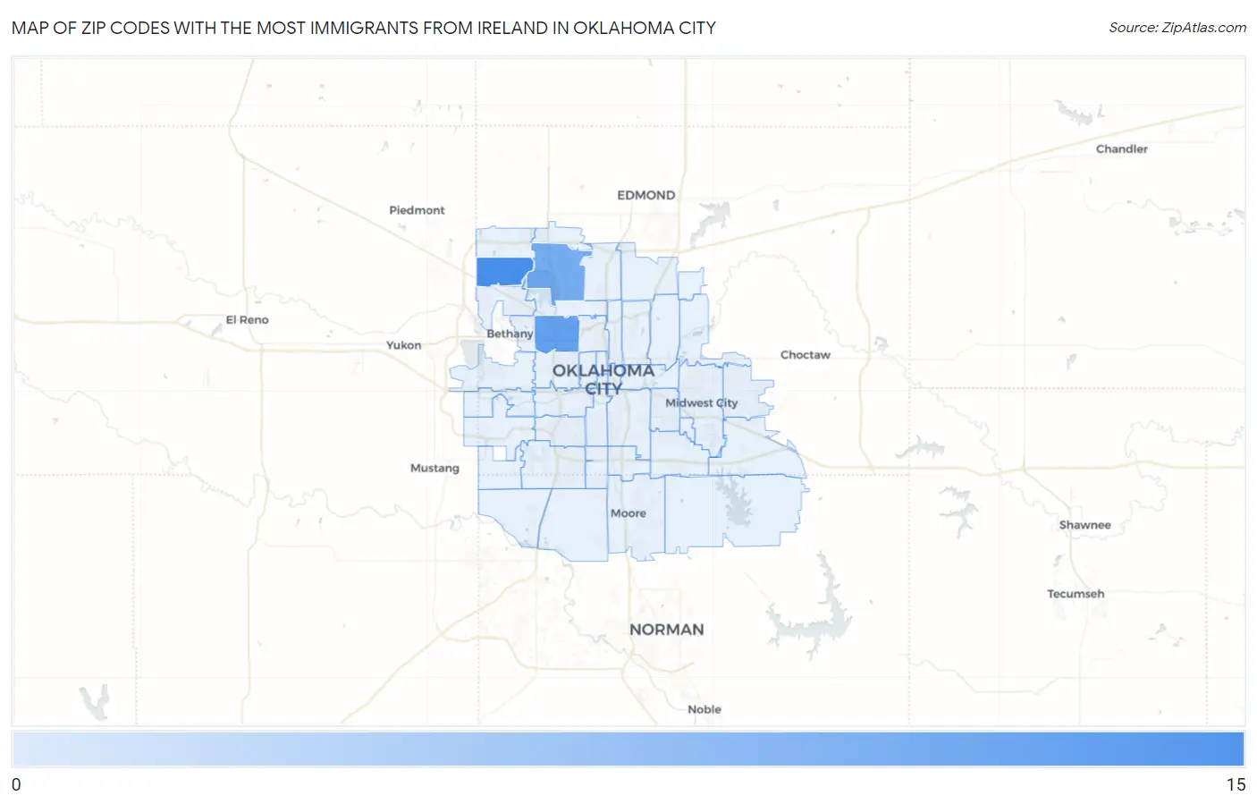 Zip Codes with the Most Immigrants from Ireland in Oklahoma City Map