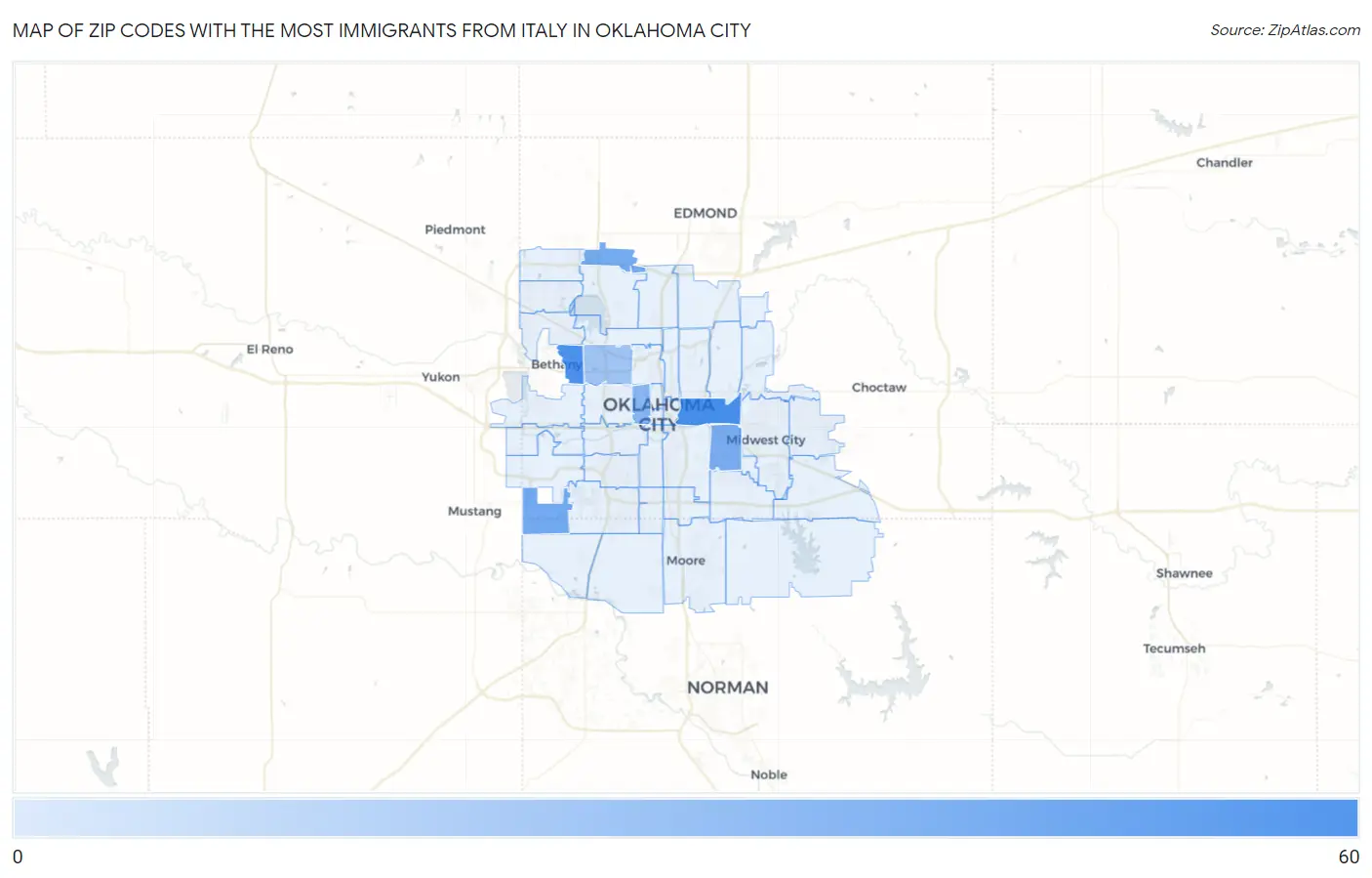 Zip Codes with the Most Immigrants from Italy in Oklahoma City Map
