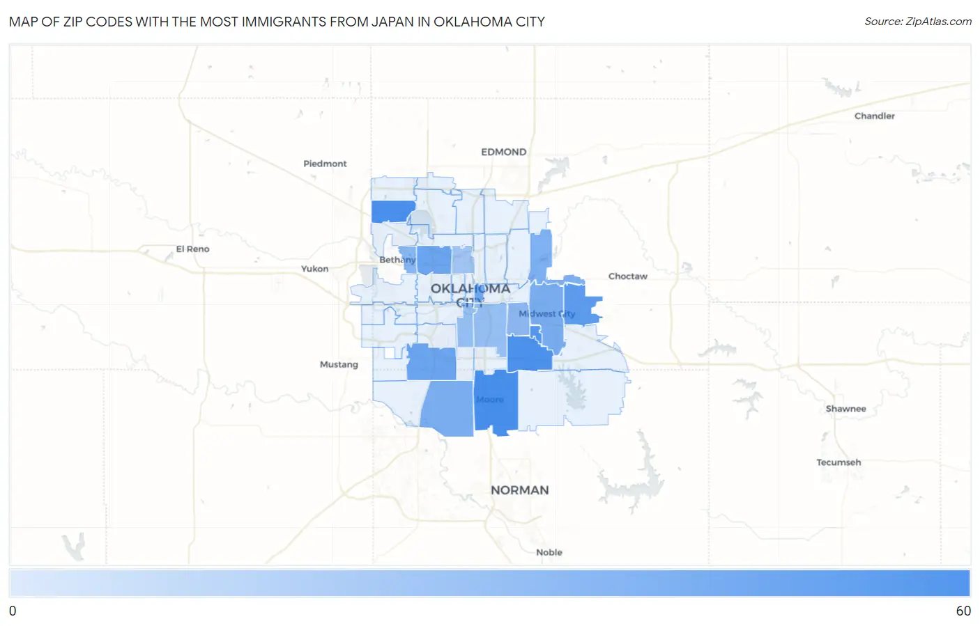 Zip Codes with the Most Immigrants from Japan in Oklahoma City Map