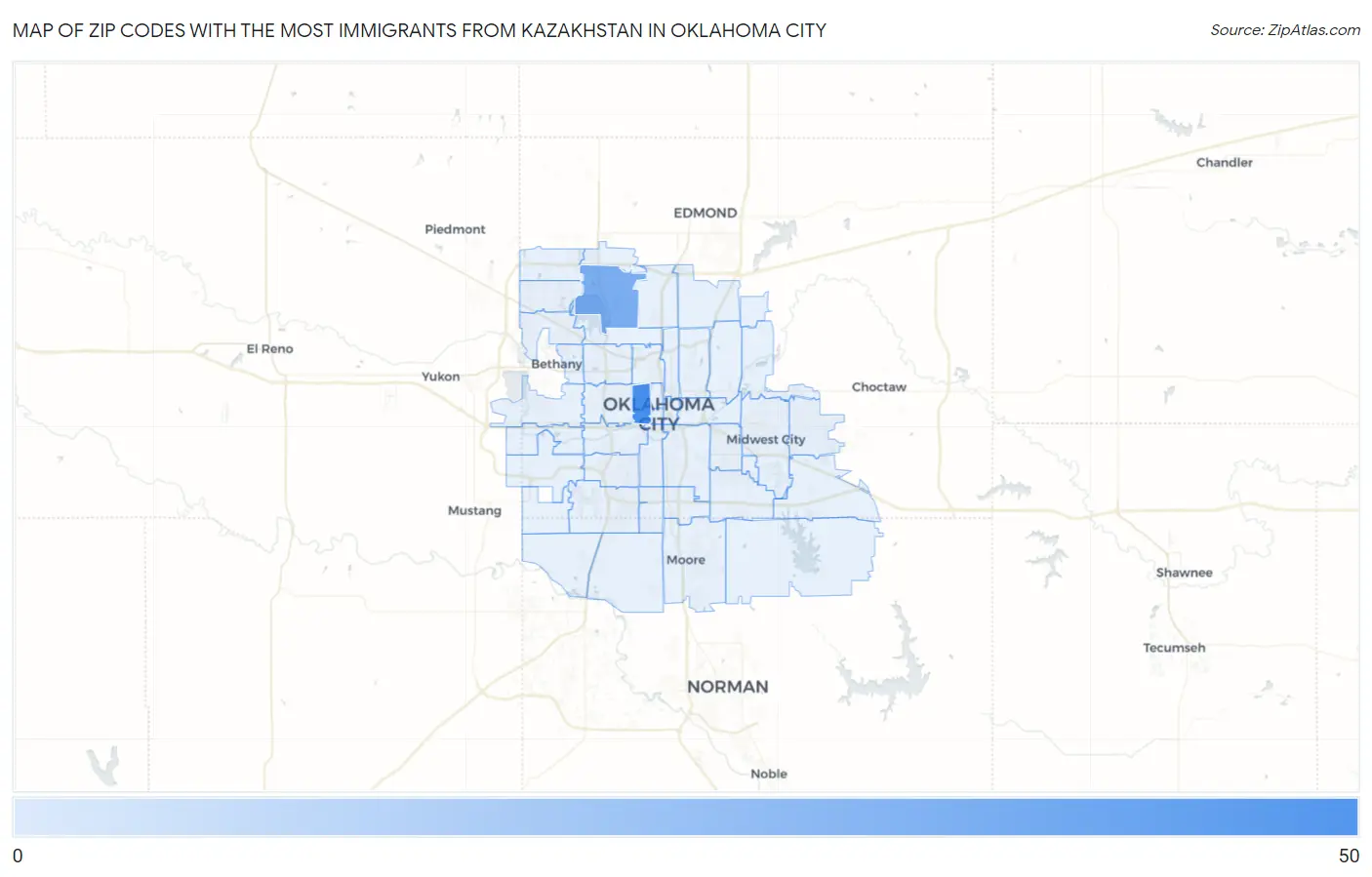 Zip Codes with the Most Immigrants from Kazakhstan in Oklahoma City Map
