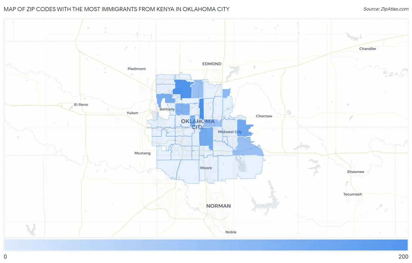 Zip Codes with the Most Immigrants from Kenya in Oklahoma City Map
