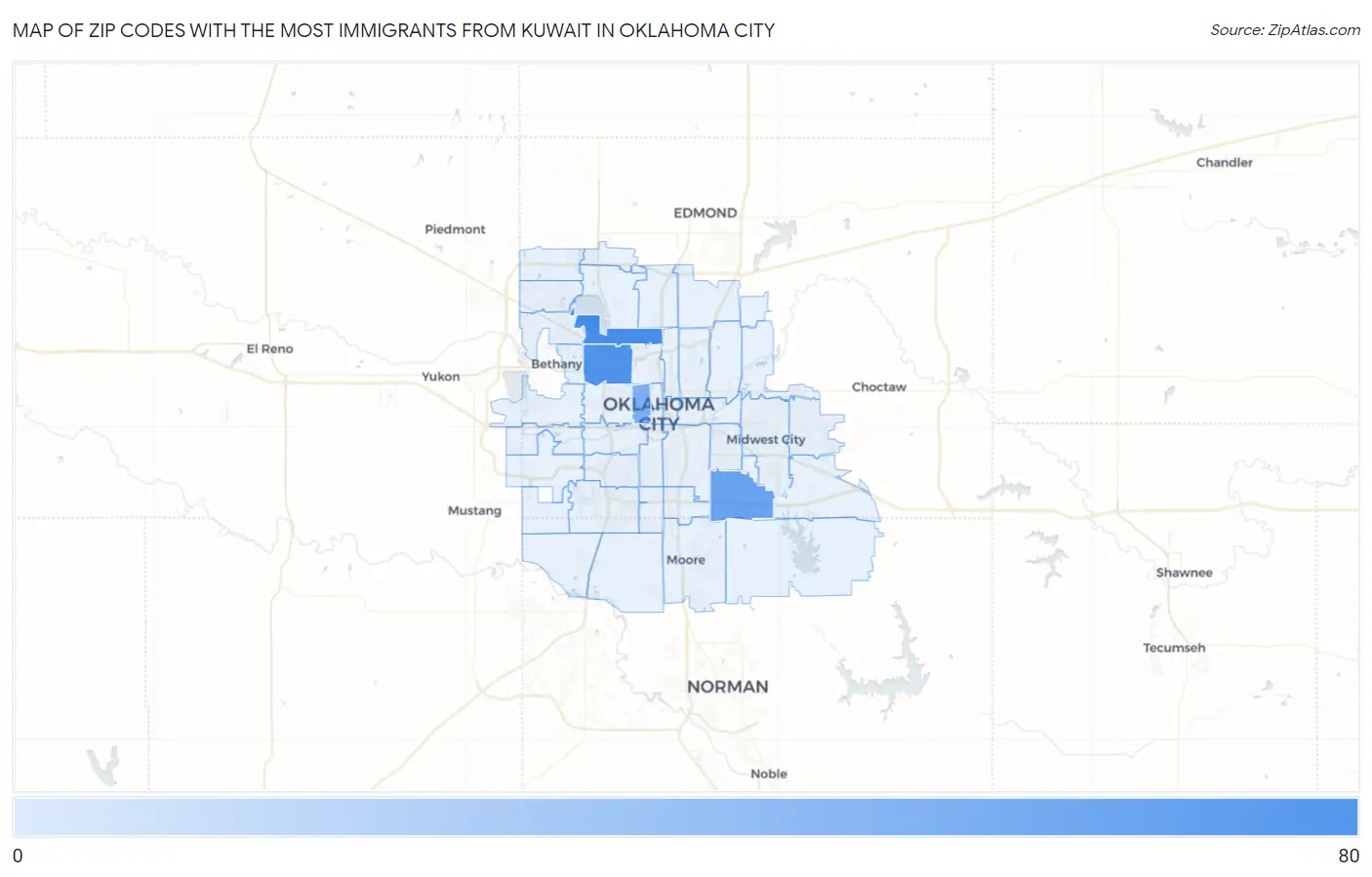Zip Codes with the Most Immigrants from Kuwait in Oklahoma City Map