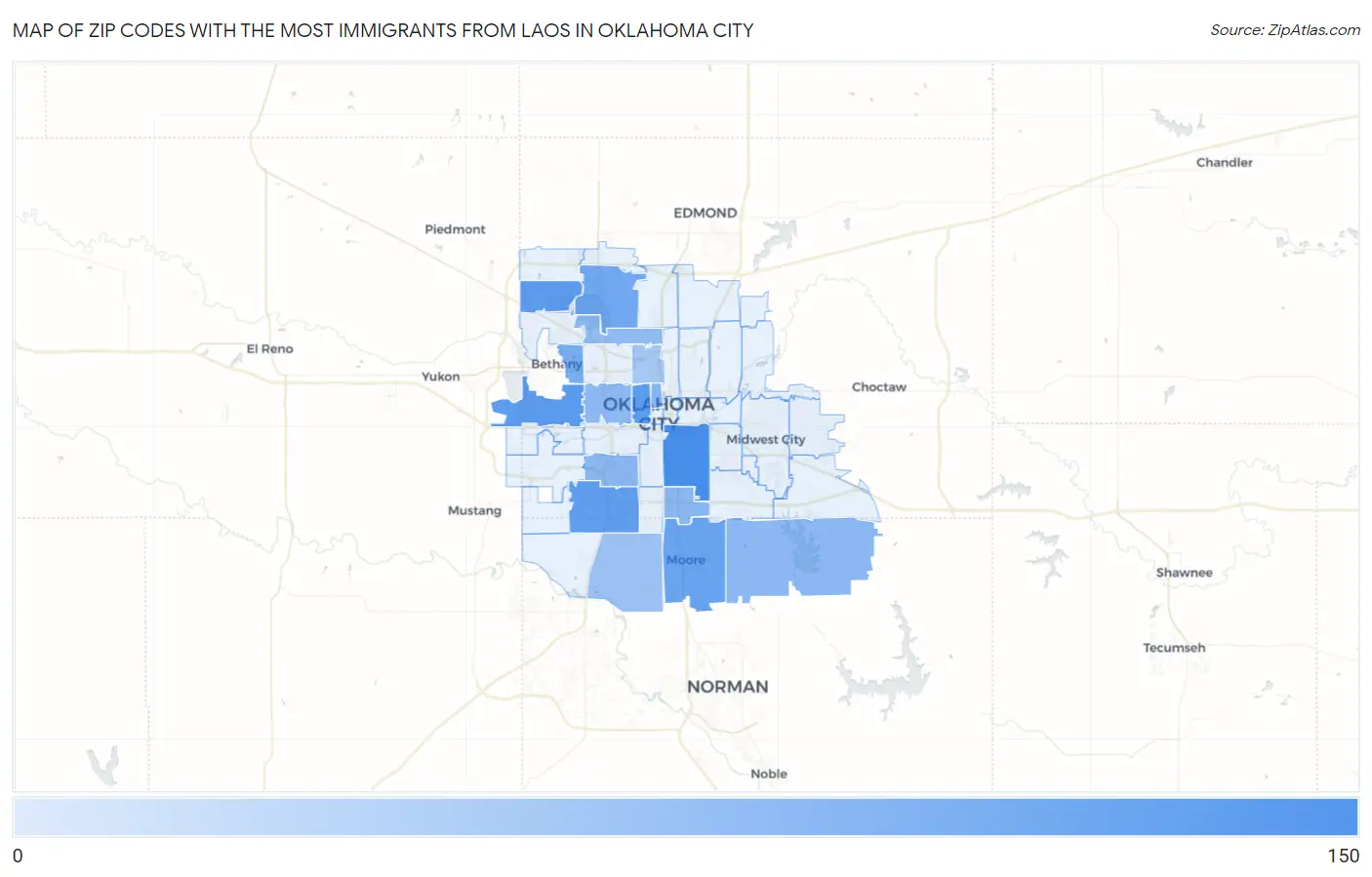 Zip Codes with the Most Immigrants from Laos in Oklahoma City Map