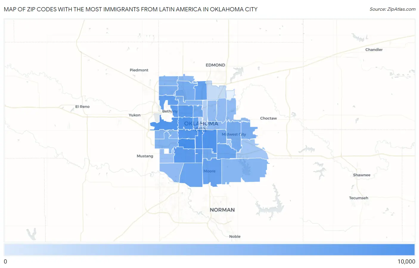 Zip Codes with the Most Immigrants from Latin America in Oklahoma City Map