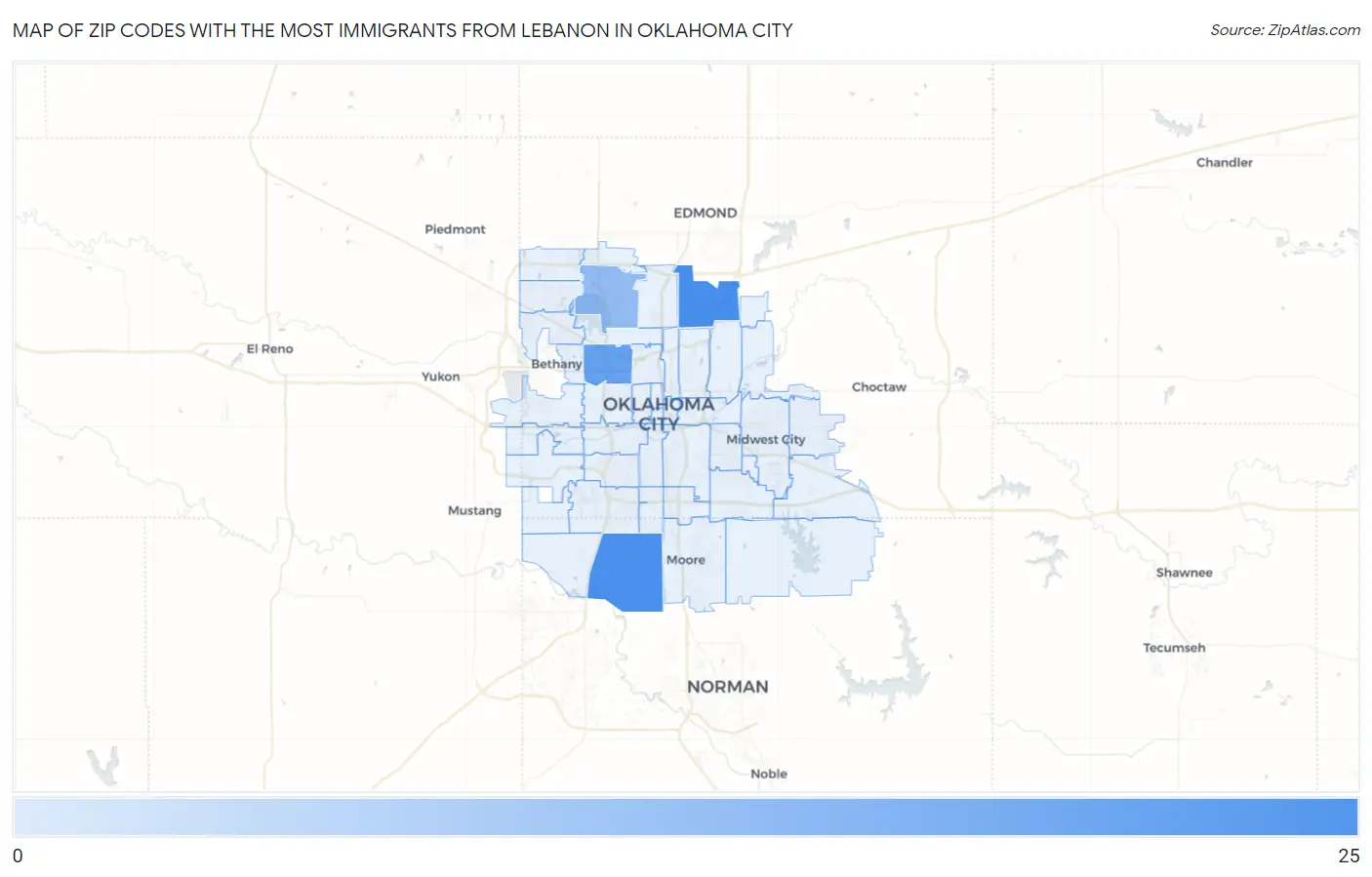 Zip Codes with the Most Immigrants from Lebanon in Oklahoma City Map