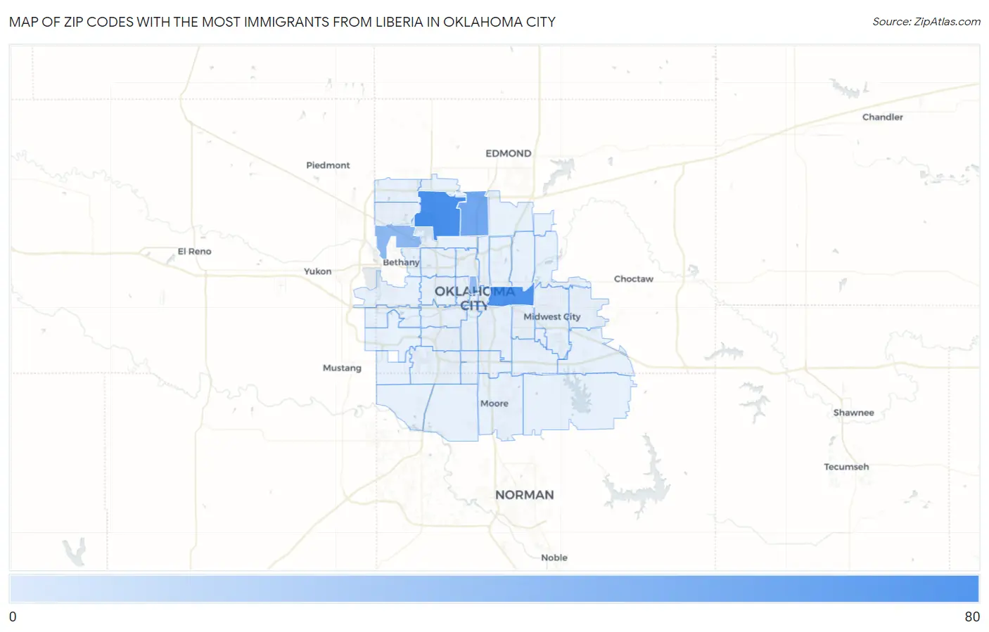 Zip Codes with the Most Immigrants from Liberia in Oklahoma City Map
