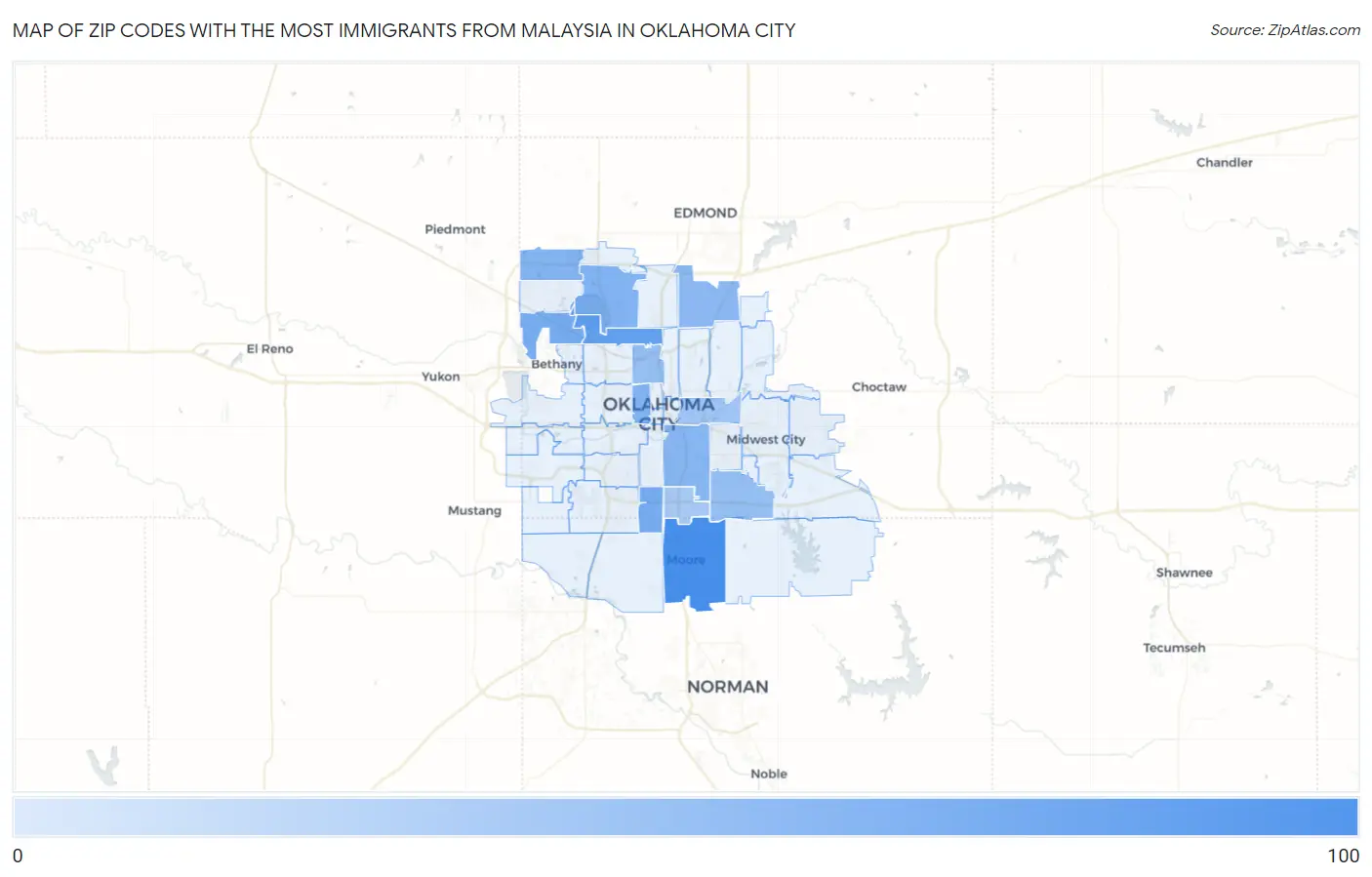 Zip Codes with the Most Immigrants from Malaysia in Oklahoma City Map