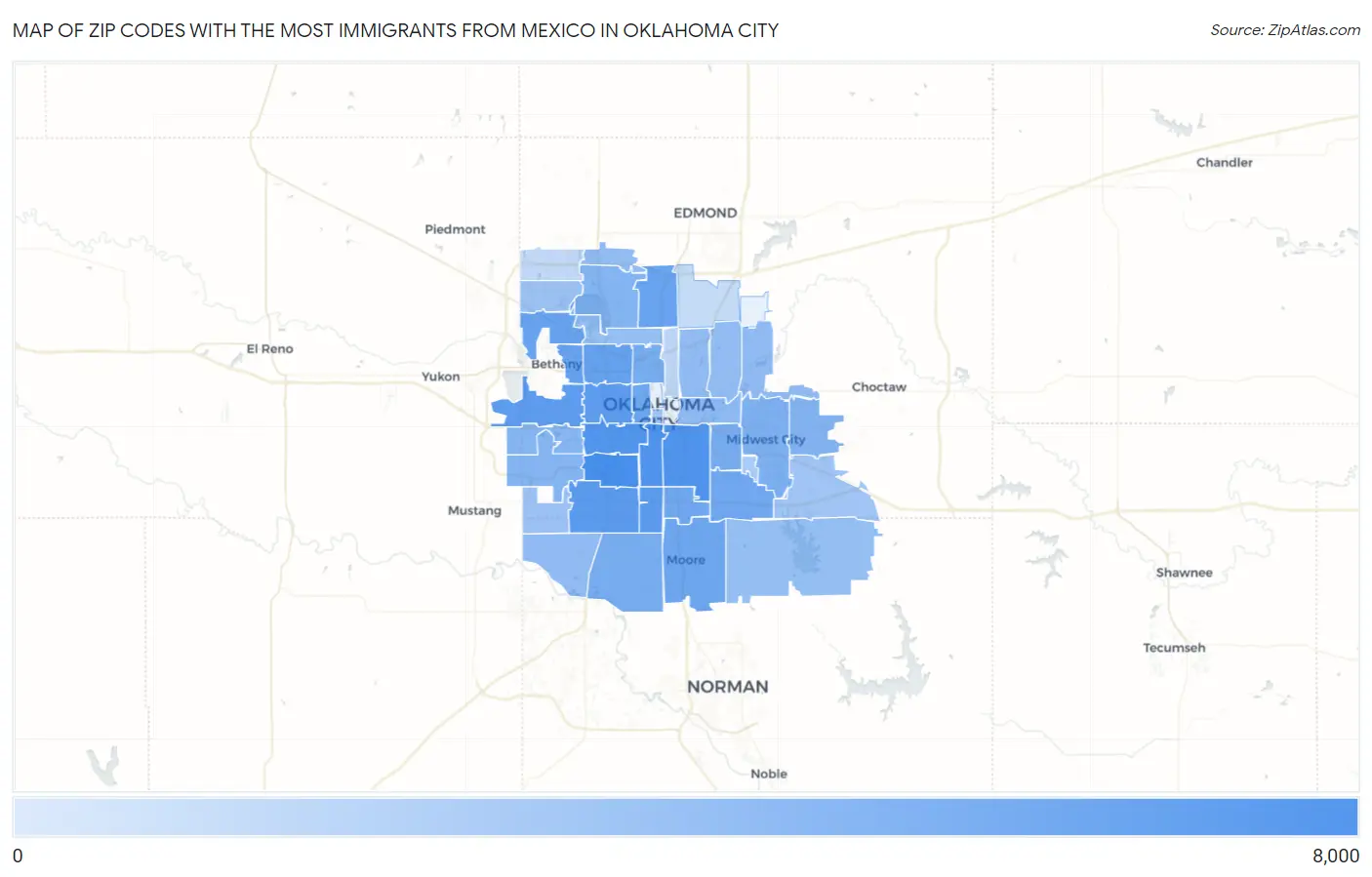 Zip Codes with the Most Immigrants from Mexico in Oklahoma City Map