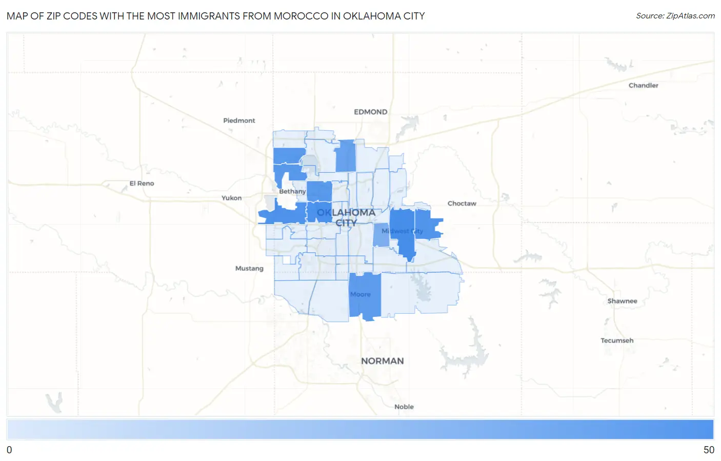 Zip Codes with the Most Immigrants from Morocco in Oklahoma City Map