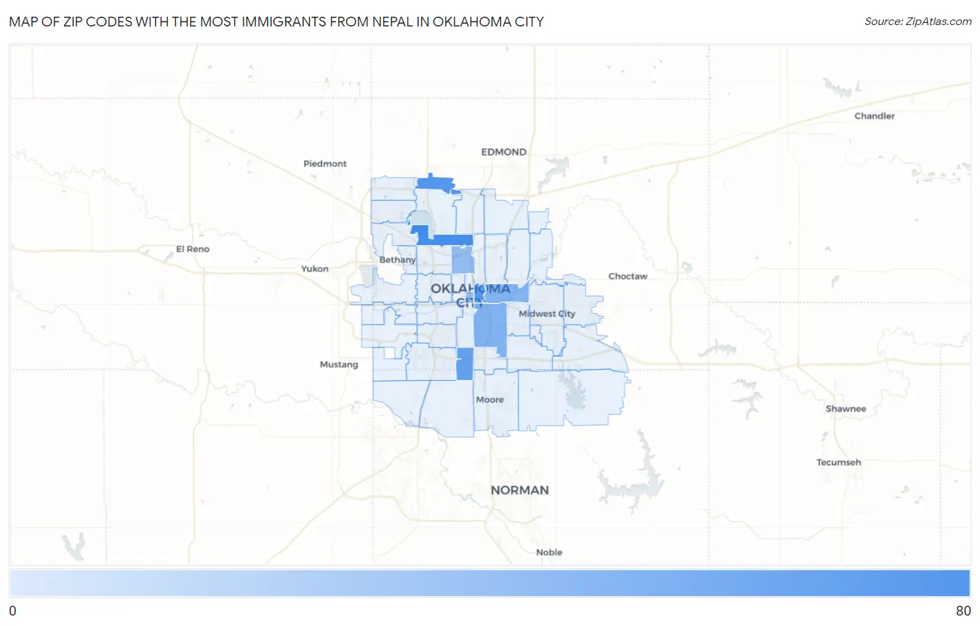 Zip Codes with the Most Immigrants from Nepal in Oklahoma City Map