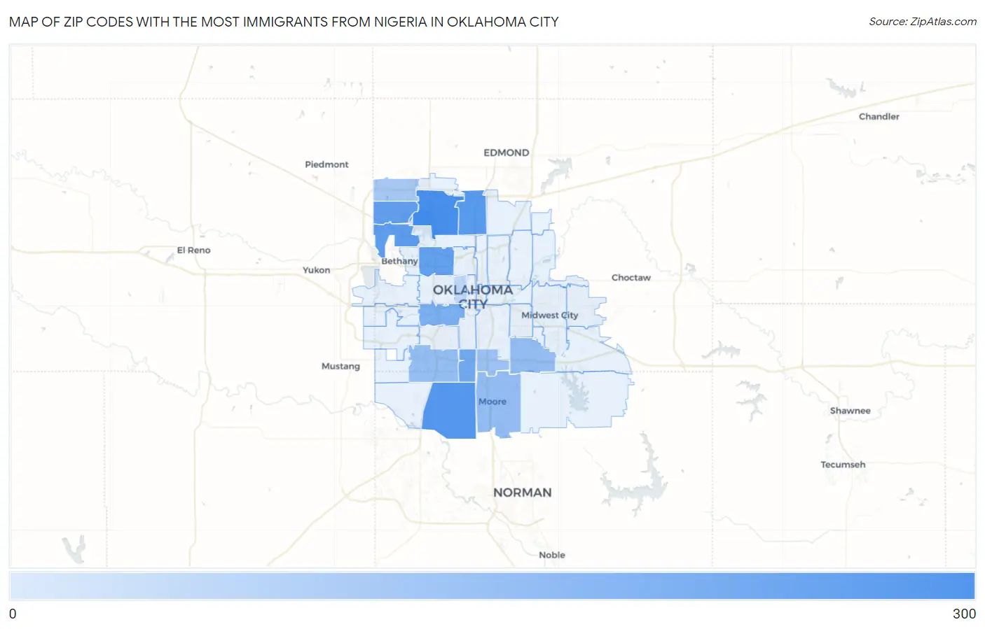 Zip Codes with the Most Immigrants from Nigeria in Oklahoma City Map