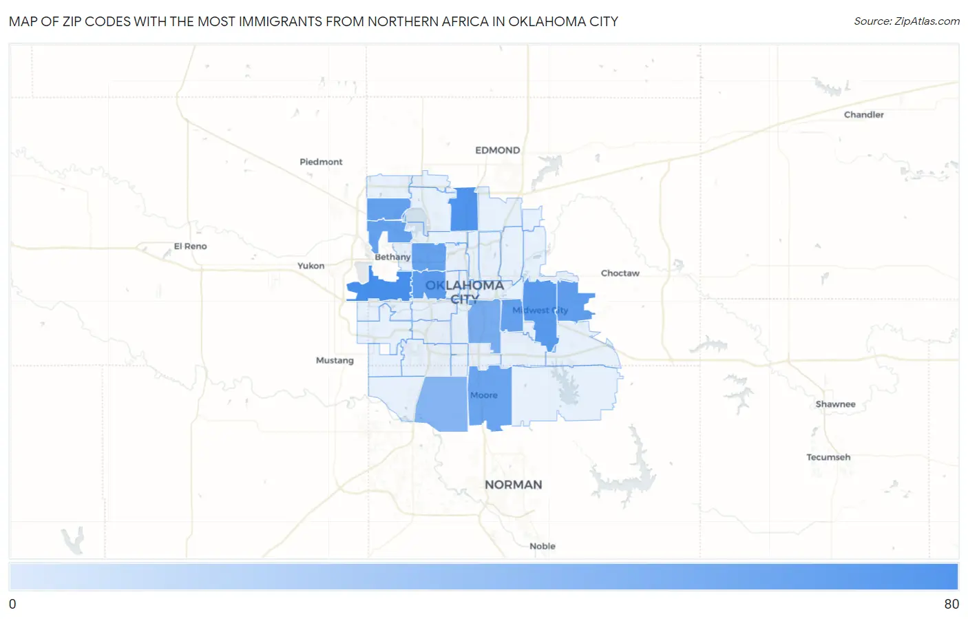 Zip Codes with the Most Immigrants from Northern Africa in Oklahoma City Map