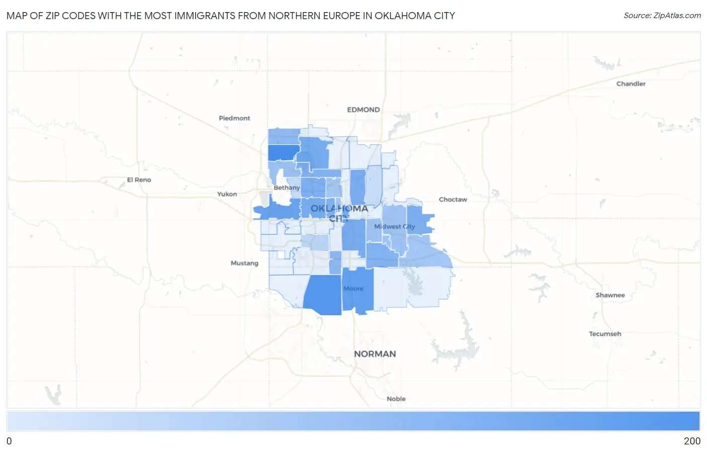 Zip Codes with the Most Immigrants from Northern Europe in Oklahoma City Map