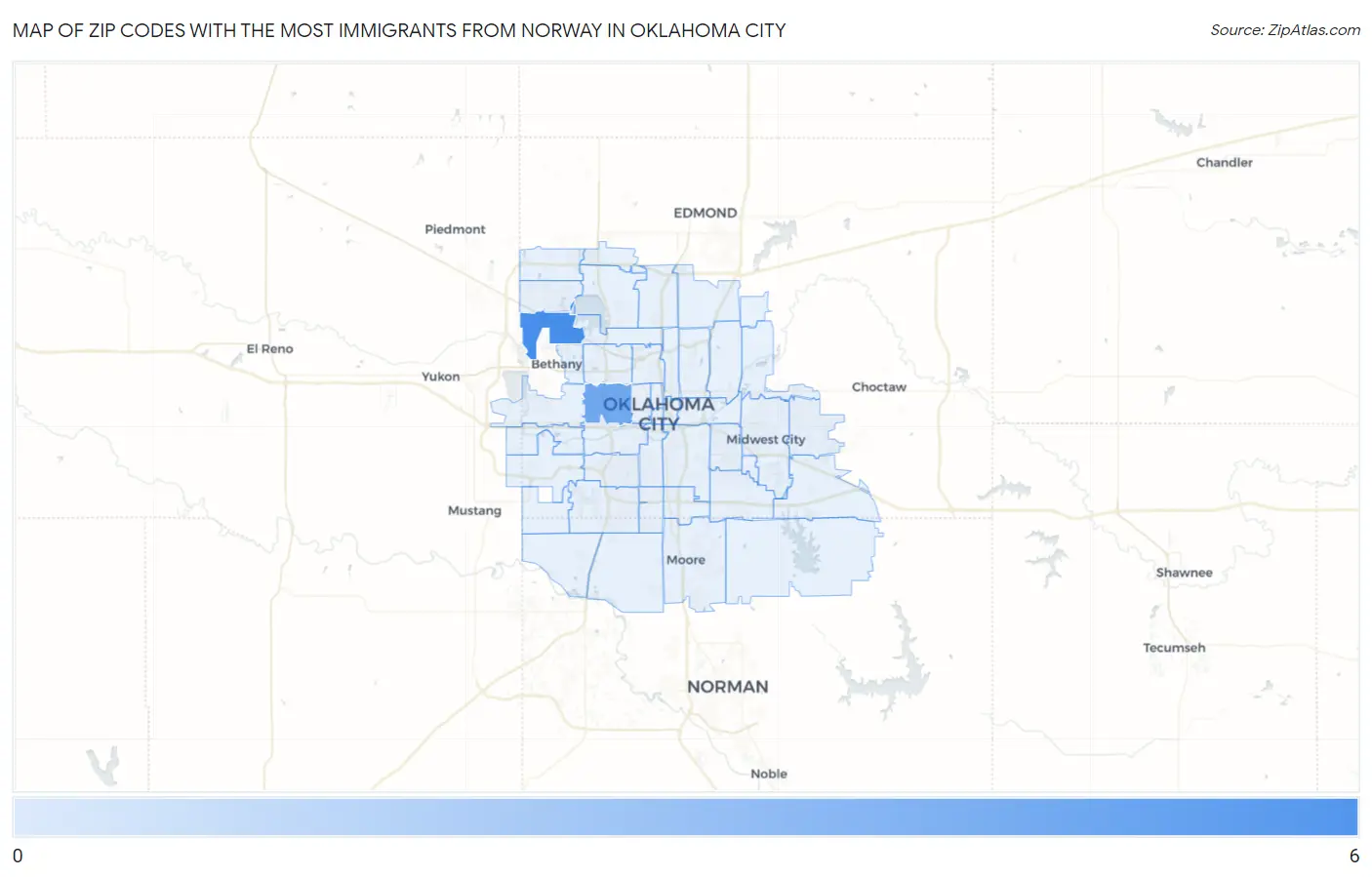 Zip Codes with the Most Immigrants from Norway in Oklahoma City Map