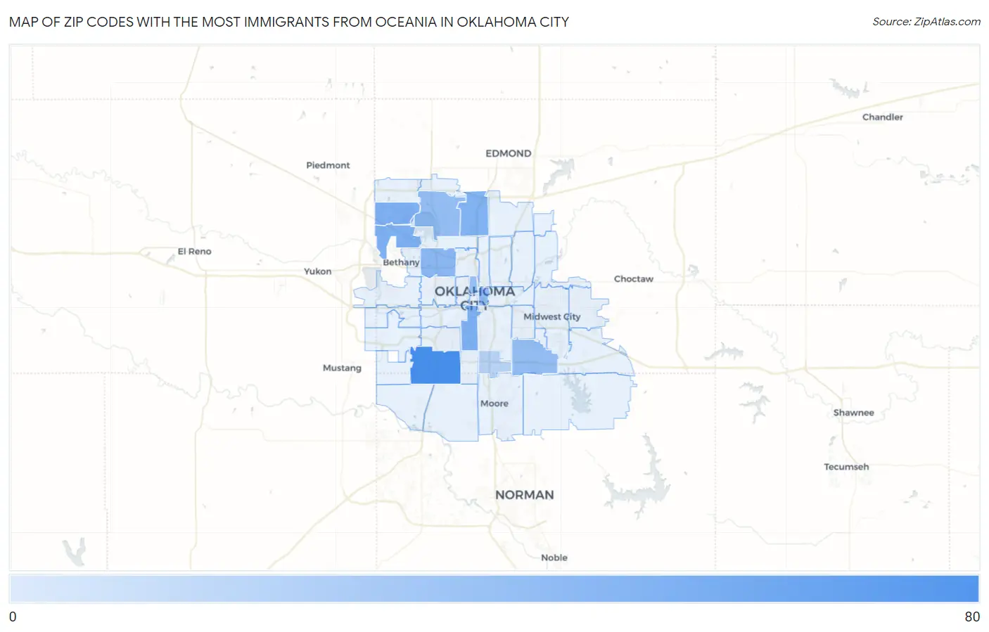 Zip Codes with the Most Immigrants from Oceania in Oklahoma City Map