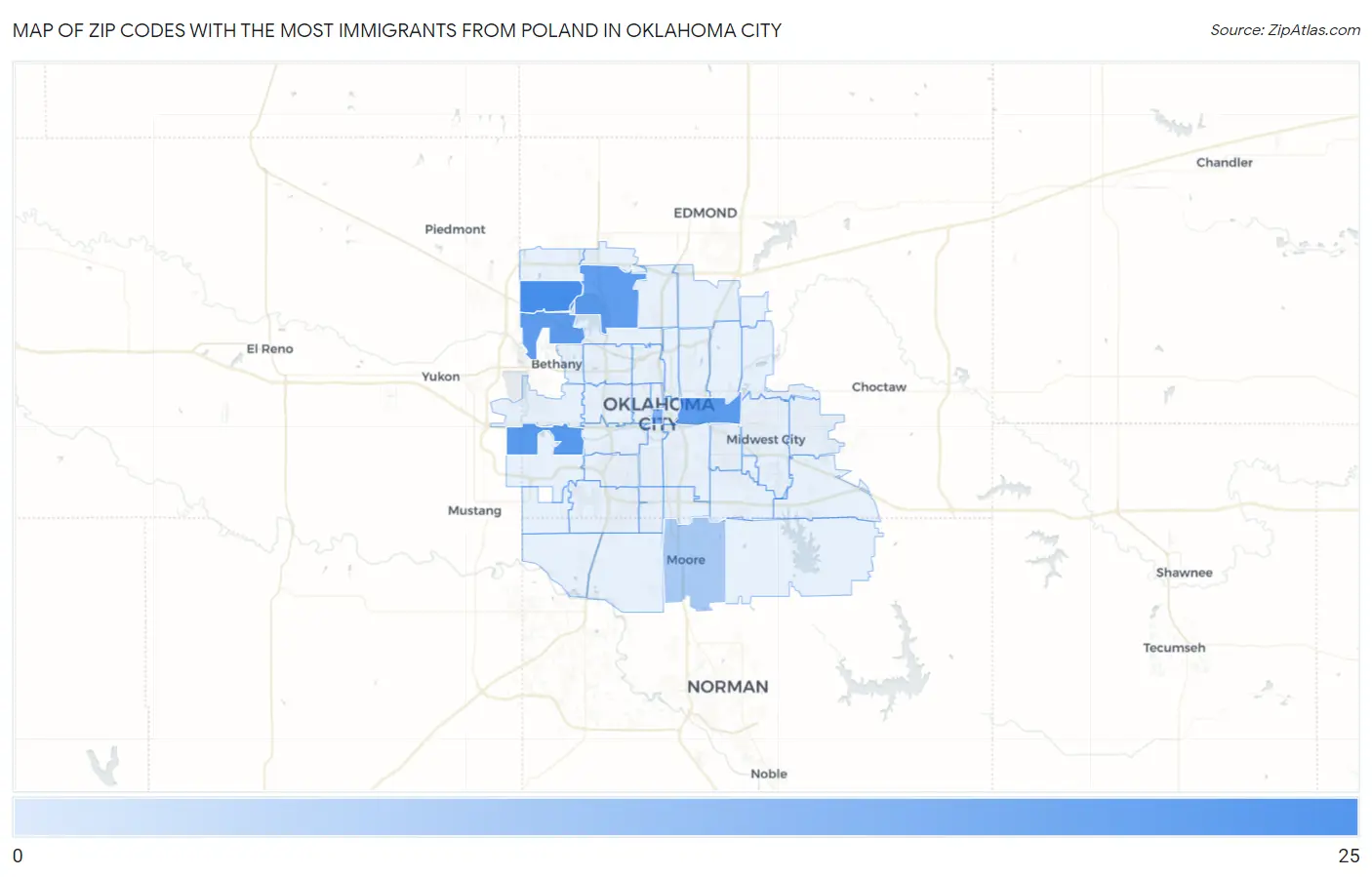 Zip Codes with the Most Immigrants from Poland in Oklahoma City Map