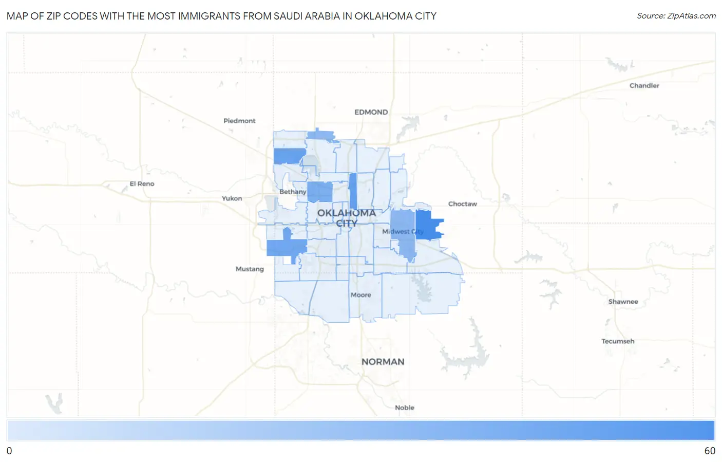 Zip Codes with the Most Immigrants from Saudi Arabia in Oklahoma City Map