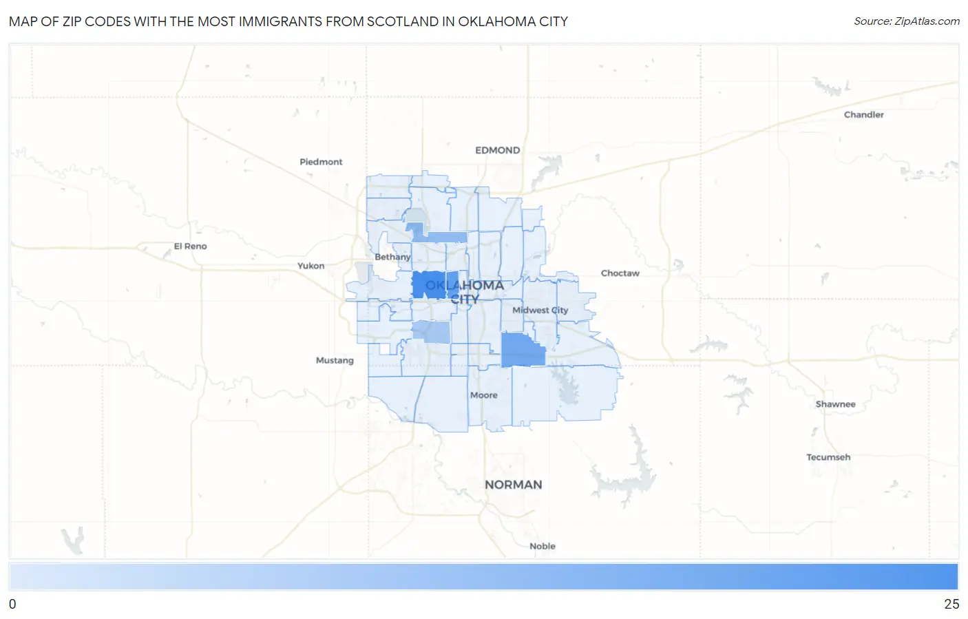 Zip Codes with the Most Immigrants from Scotland in Oklahoma City Map