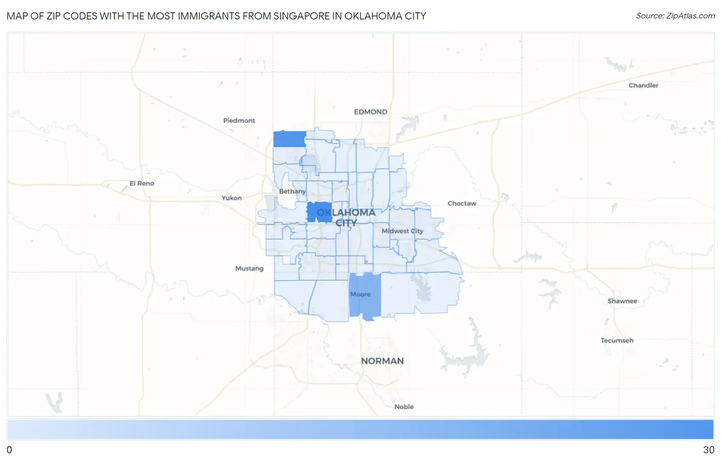 Zip Codes with the Most Immigrants from Singapore in Oklahoma City Map