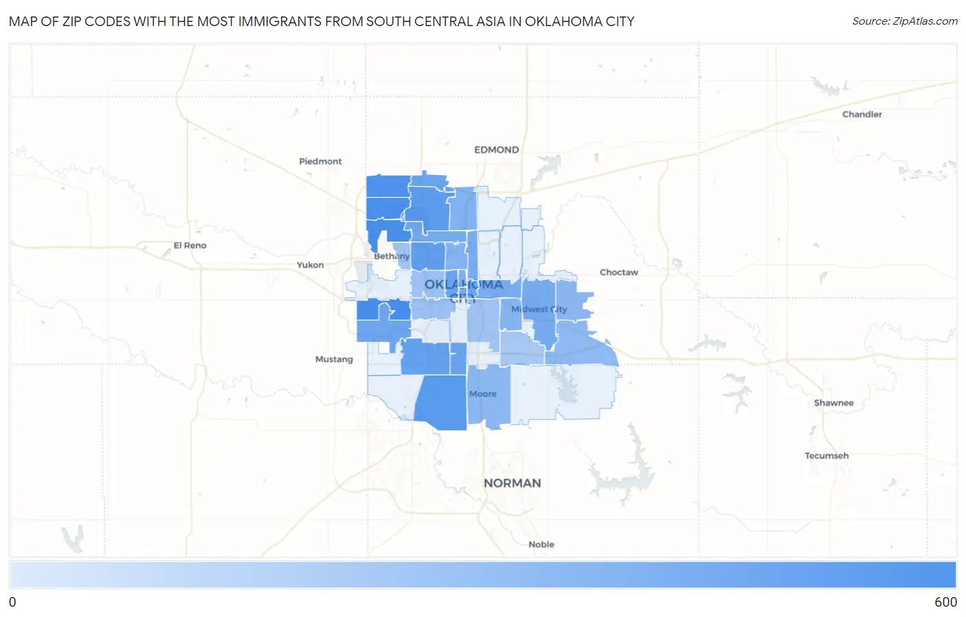 Zip Codes with the Most Immigrants from South Central Asia in Oklahoma City Map