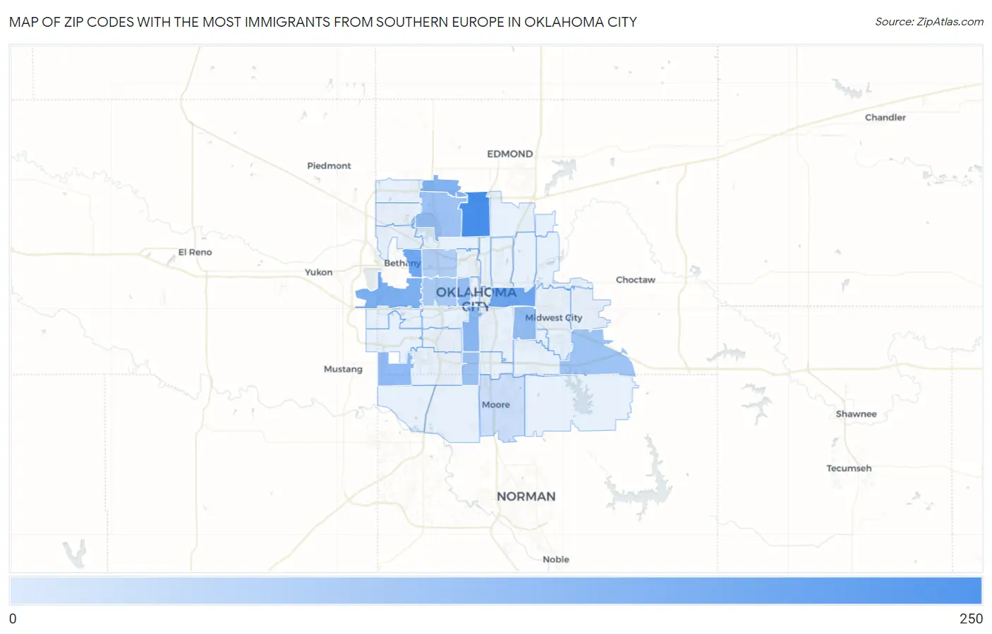 Zip Codes with the Most Immigrants from Southern Europe in Oklahoma City Map