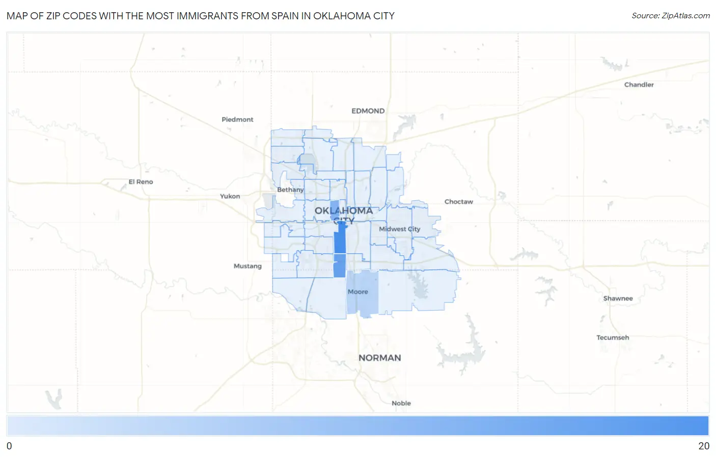 Zip Codes with the Most Immigrants from Spain in Oklahoma City Map
