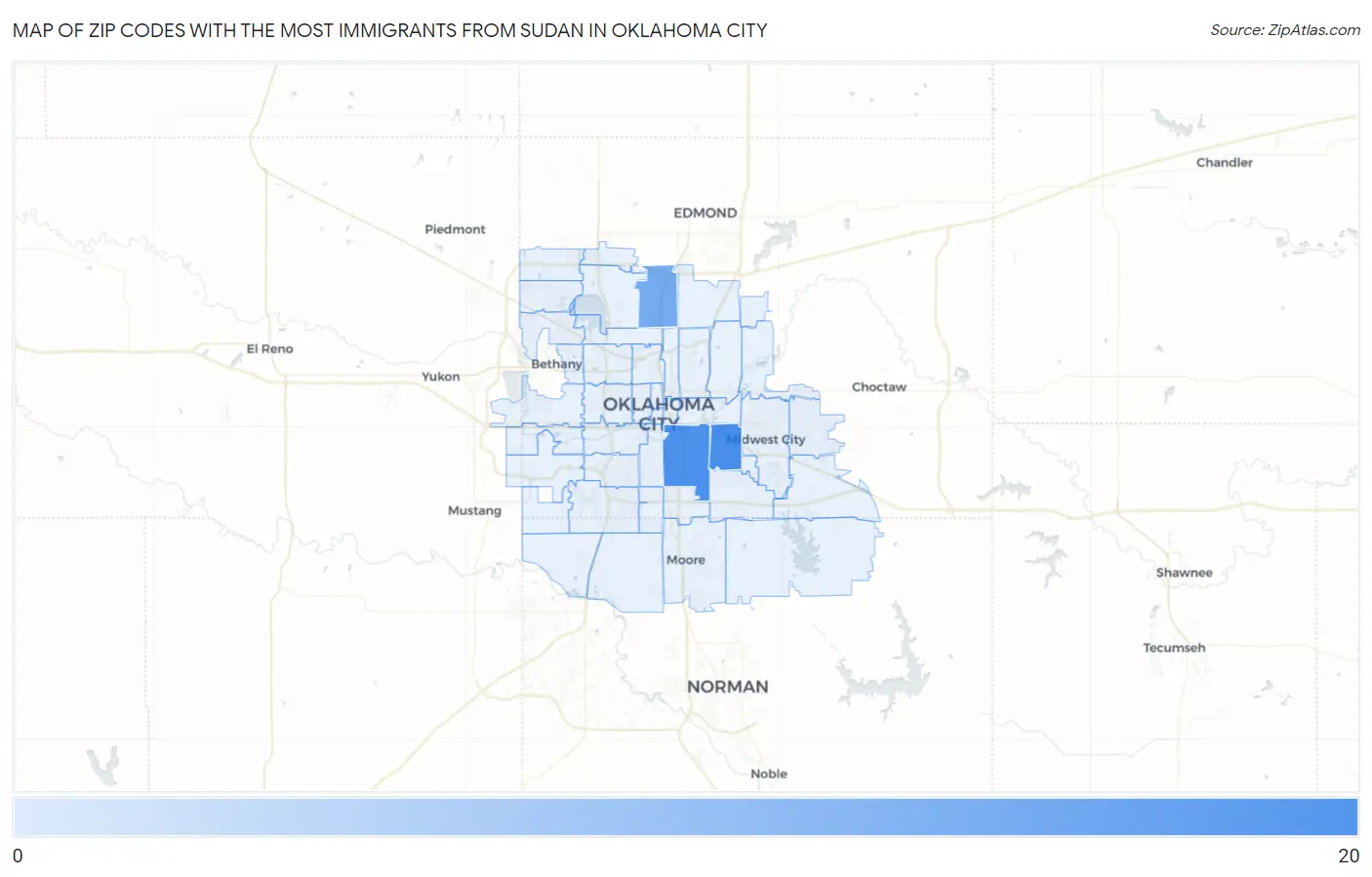 Zip Codes with the Most Immigrants from Sudan in Oklahoma City Map