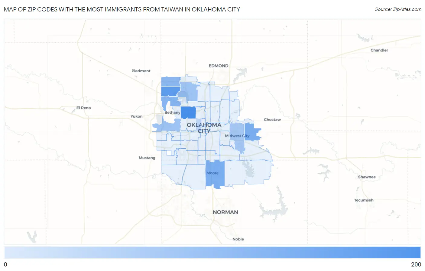 Zip Codes with the Most Immigrants from Taiwan in Oklahoma City Map