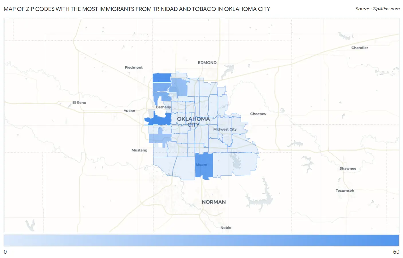 Zip Codes with the Most Immigrants from Trinidad and Tobago in Oklahoma City Map
