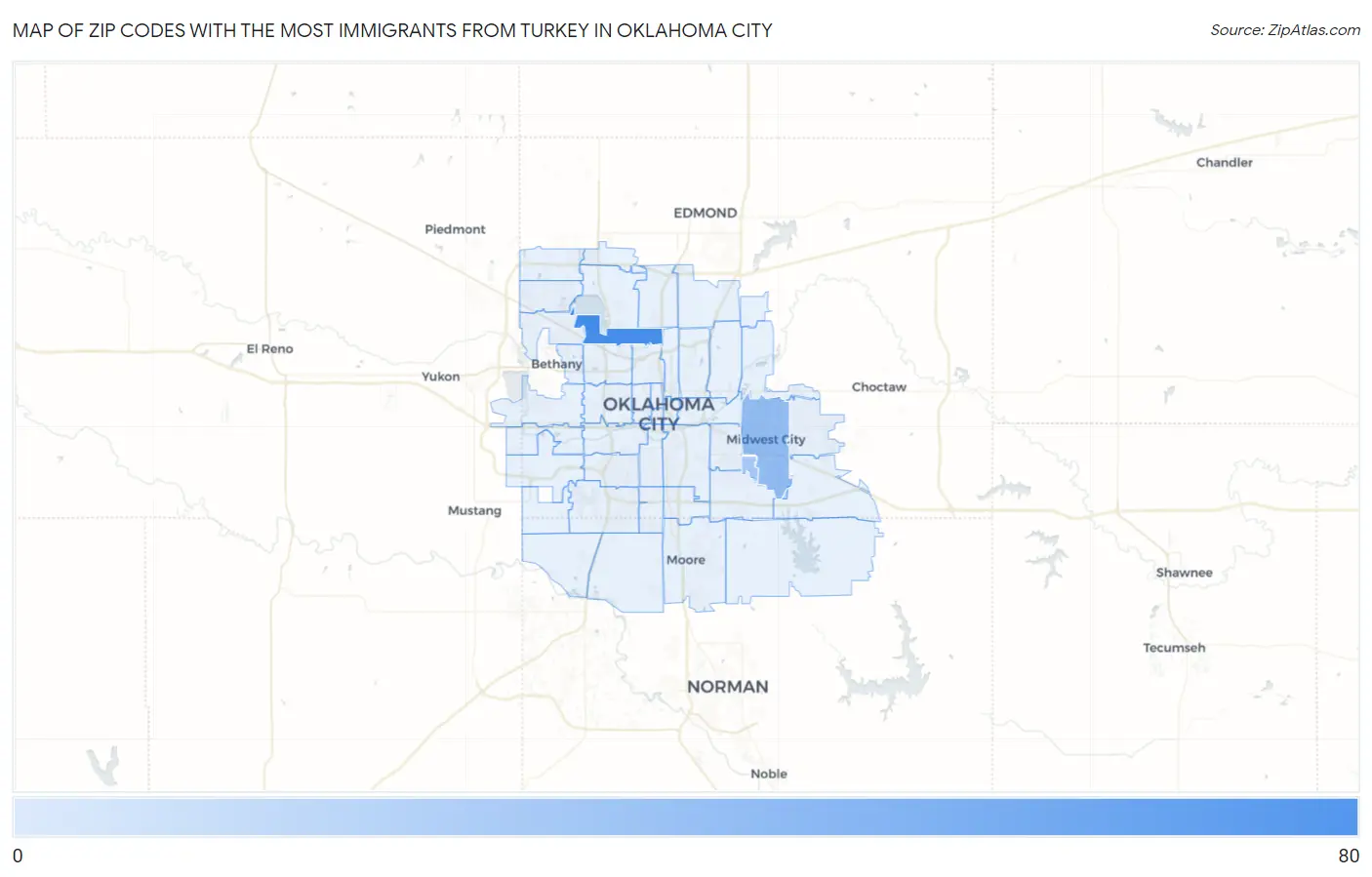 Zip Codes with the Most Immigrants from Turkey in Oklahoma City Map