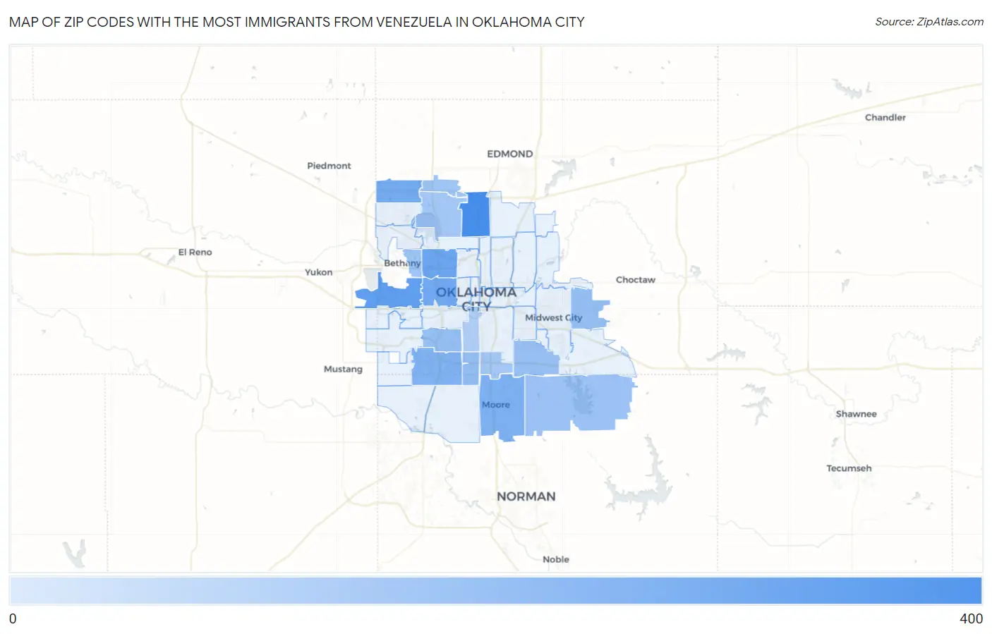 Zip Codes with the Most Immigrants from Venezuela in Oklahoma City Map