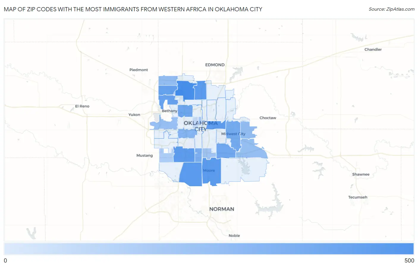 Zip Codes with the Most Immigrants from Western Africa in Oklahoma City Map