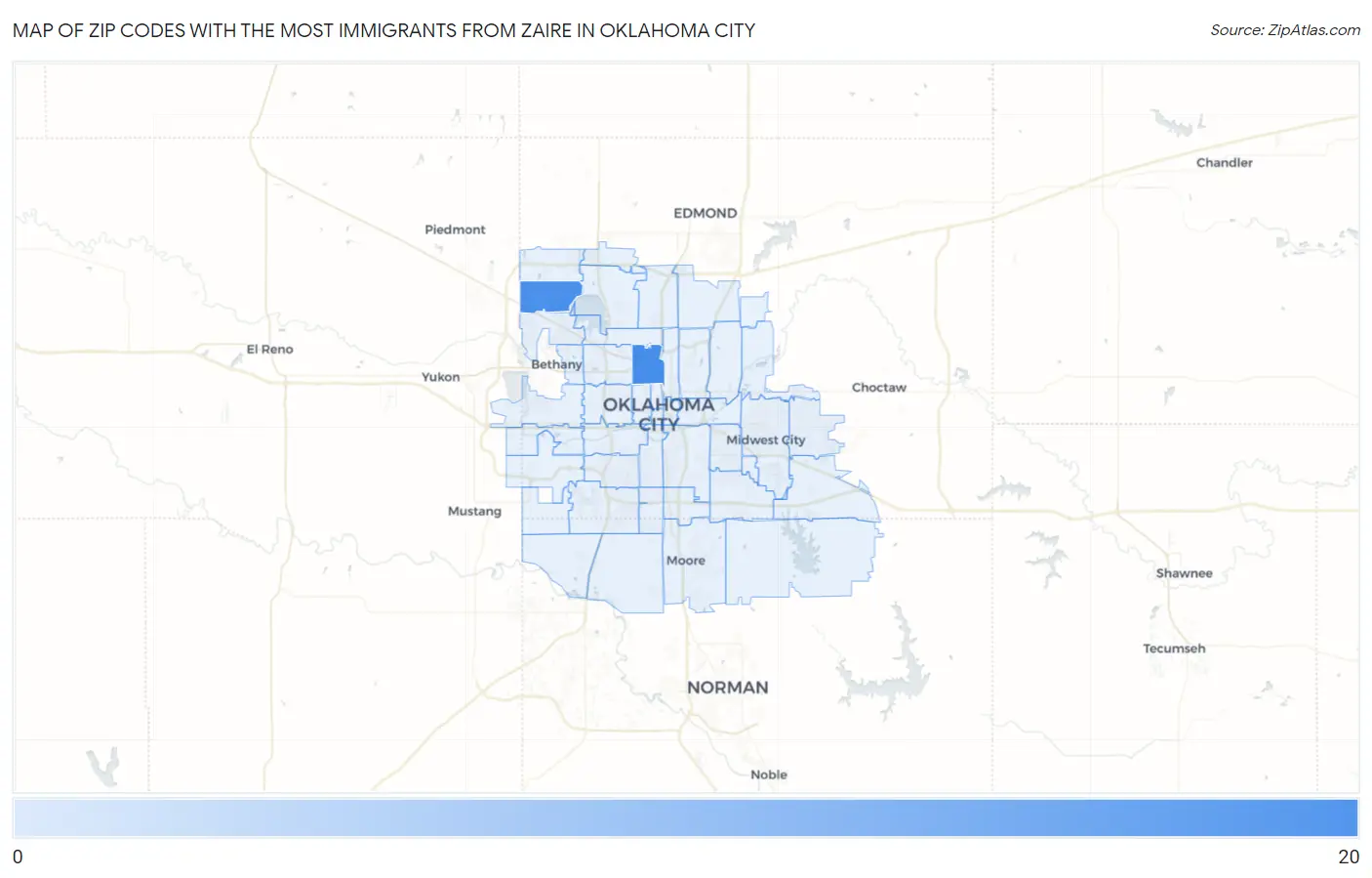 Zip Codes with the Most Immigrants from Zaire in Oklahoma City Map