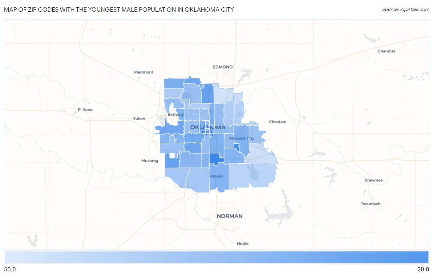 Zip Codes with the Youngest Male Population in Oklahoma City Map