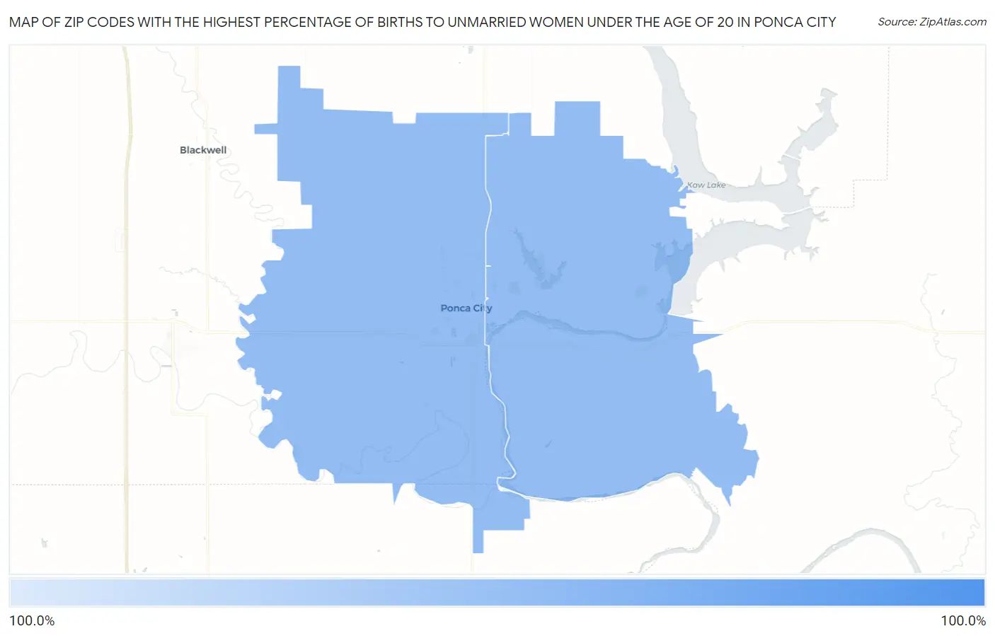 Zip Codes with the Highest Percentage of Births to Unmarried Women under the Age of 20 in Ponca City Map