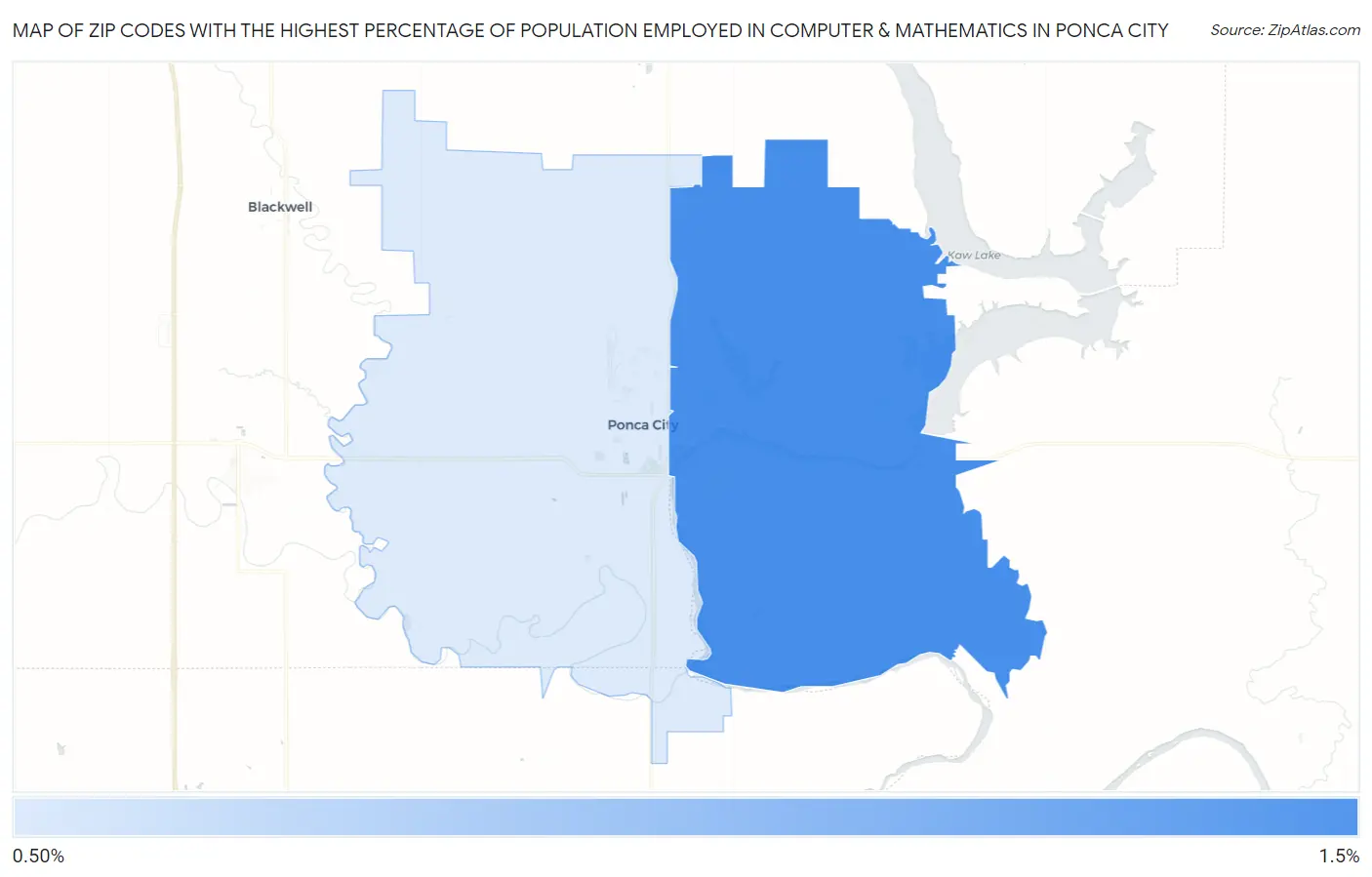 Zip Codes with the Highest Percentage of Population Employed in Computer & Mathematics in Ponca City Map