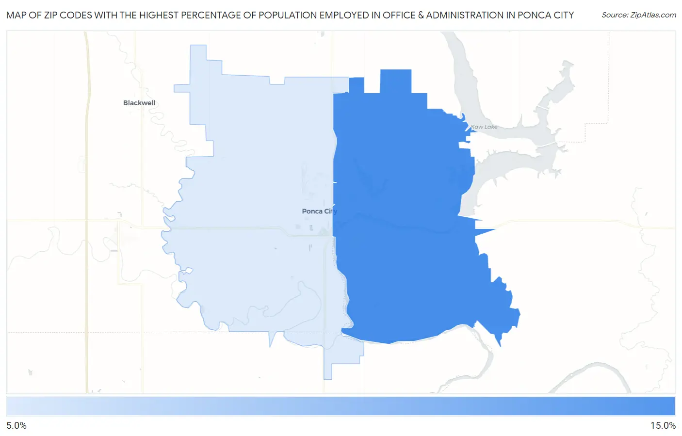 Zip Codes with the Highest Percentage of Population Employed in Office & Administration in Ponca City Map