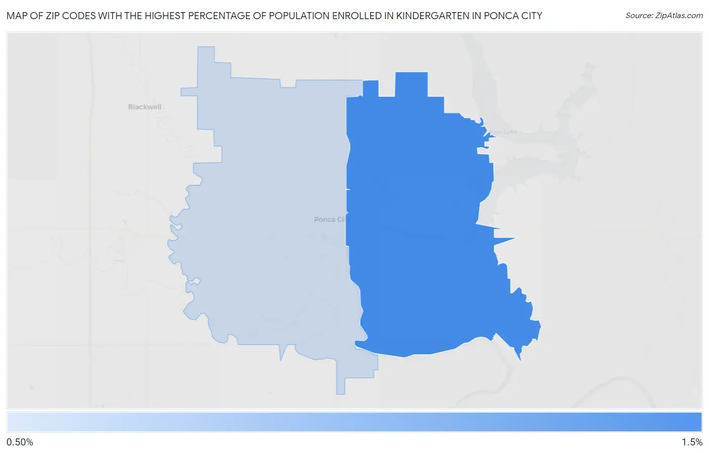 Zip Codes with the Highest Percentage of Population Enrolled in Kindergarten in Ponca City Map