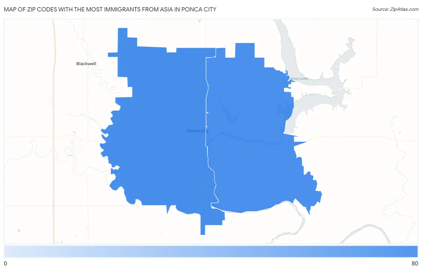 Zip Codes with the Most Immigrants from Asia in Ponca City Map