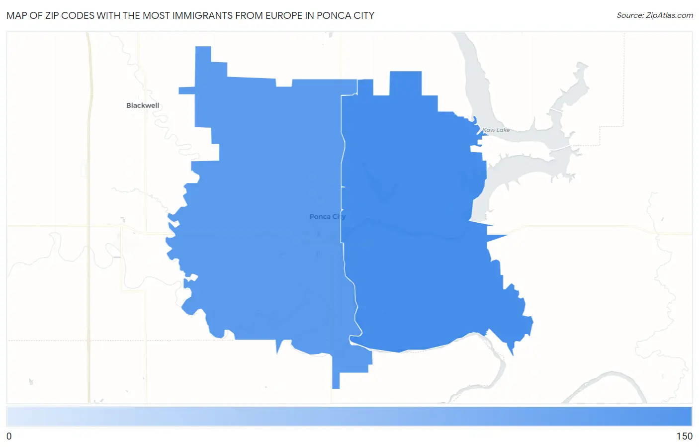 Zip Codes with the Most Immigrants from Europe in Ponca City Map