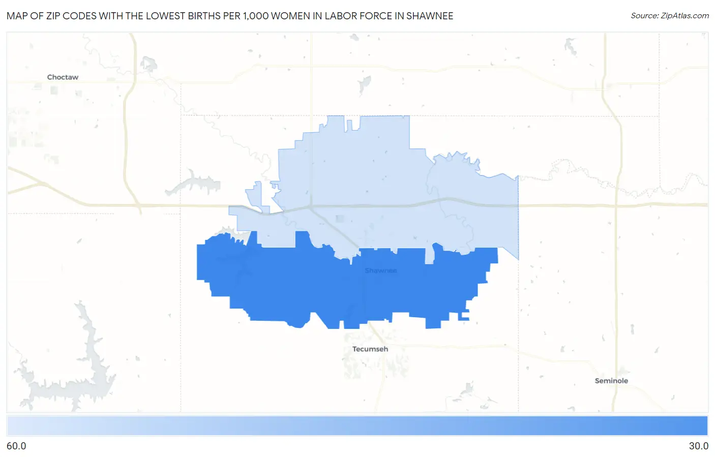Zip Codes with the Lowest Births per 1,000 Women in Labor Force in Shawnee Map